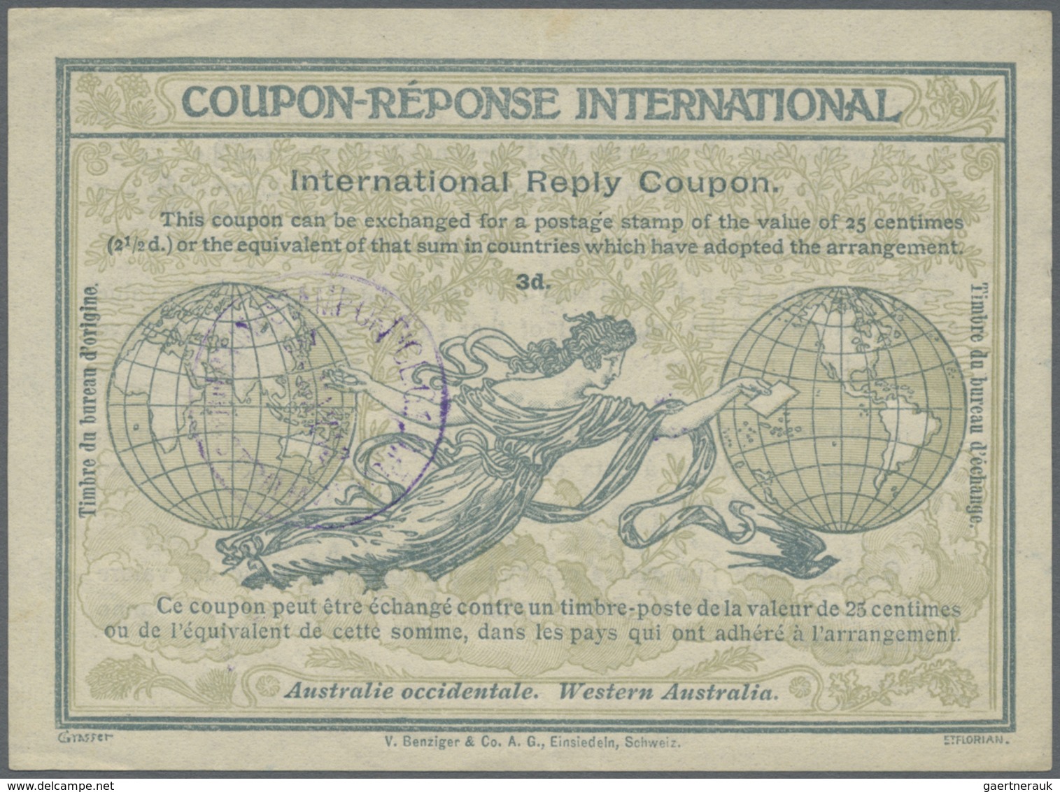 GA Westaustralien: 1907, International Reply Coupon / IAS "3 D." From Western Australia Muster ROM With - Brieven En Documenten