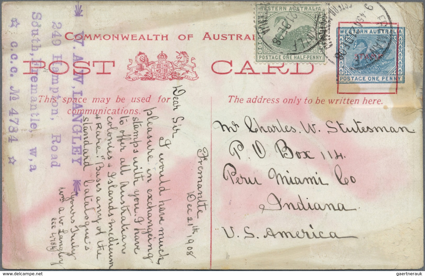 GA Westaustralien: 1908 (21.12.), Stat. Postcard 'swan' 1d. Blue With Colourful Picture On Reverse For - Brieven En Documenten