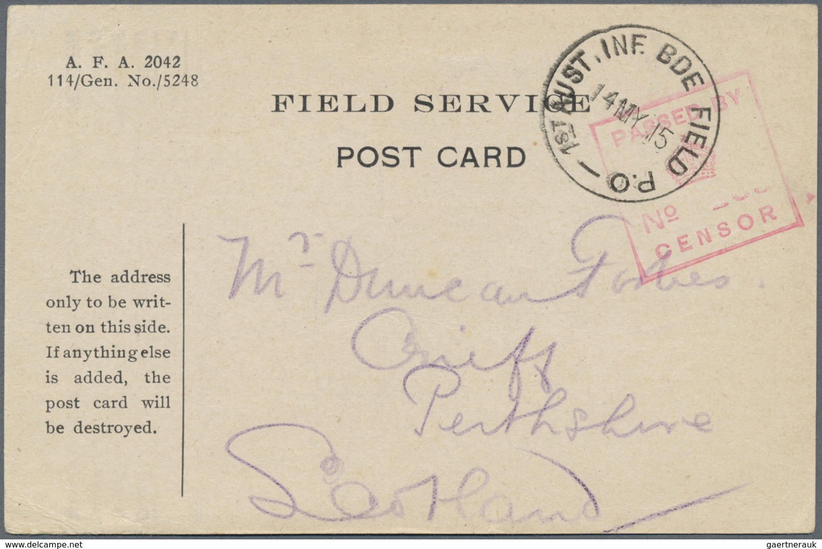 Br Australien: 1915. Stampless Field Service Post Card Addressed To Scotland Cancelled By '1st Aust. Ln - Autres & Non Classés