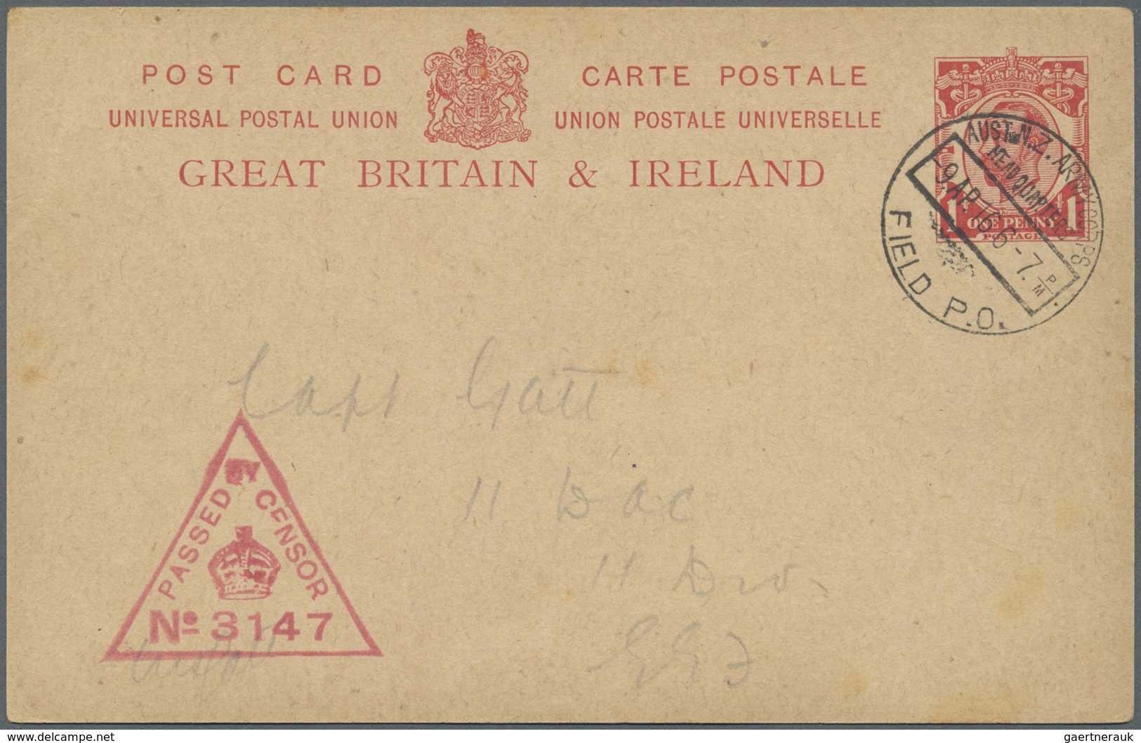 GA Australien: 1916. Great Britain Postal Stationery Card 'Mackennal' One Penny Red Cancelled By 'Aust. - Andere & Zonder Classificatie