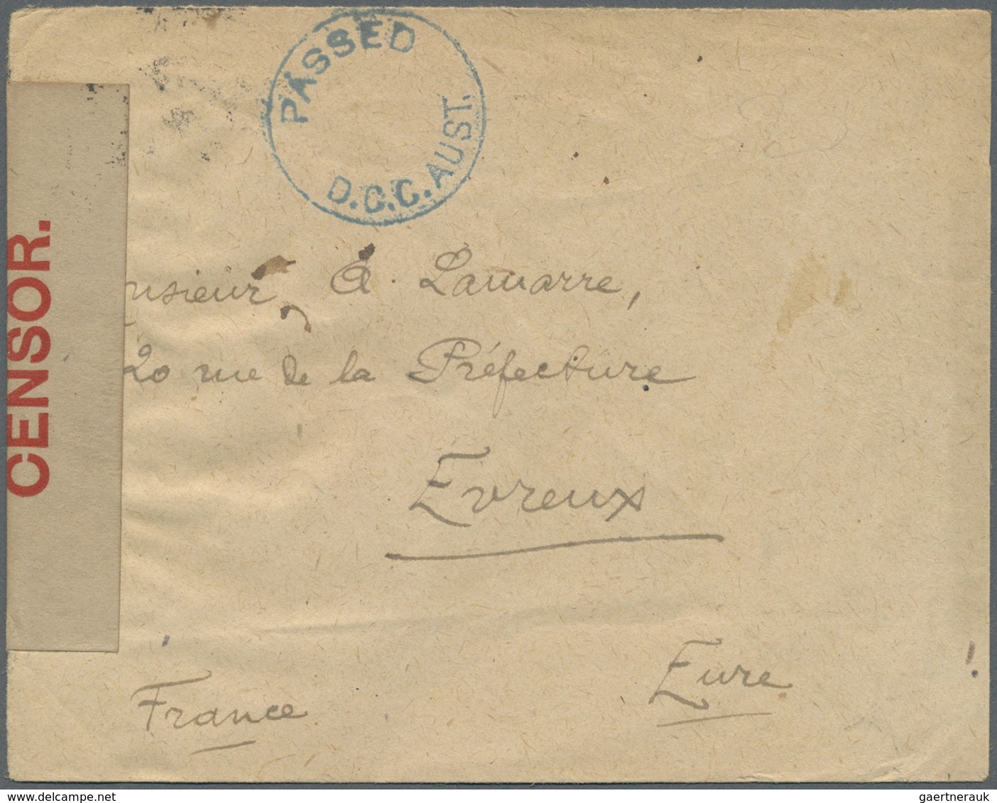 Br Australien: 1918. Stampless Envelope Addressed To France With Circular 'Passed/D.C.C. Aust' In Blue - Autres & Non Classés