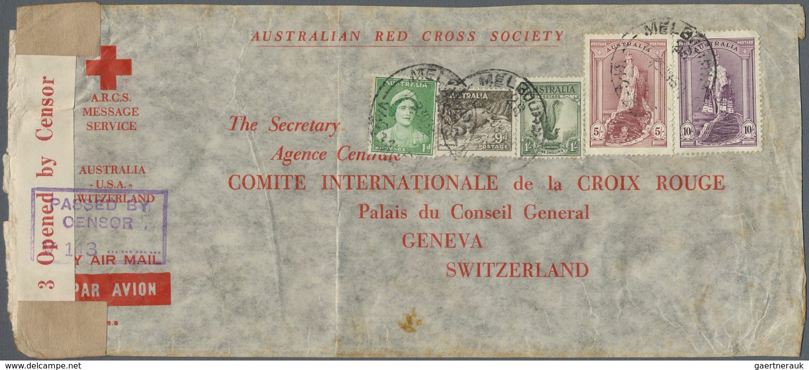 Br Australien: 1941. Air Mail Envelope (vertical Fold) Addressed To 'Comite International De La Croix R - Andere & Zonder Classificatie