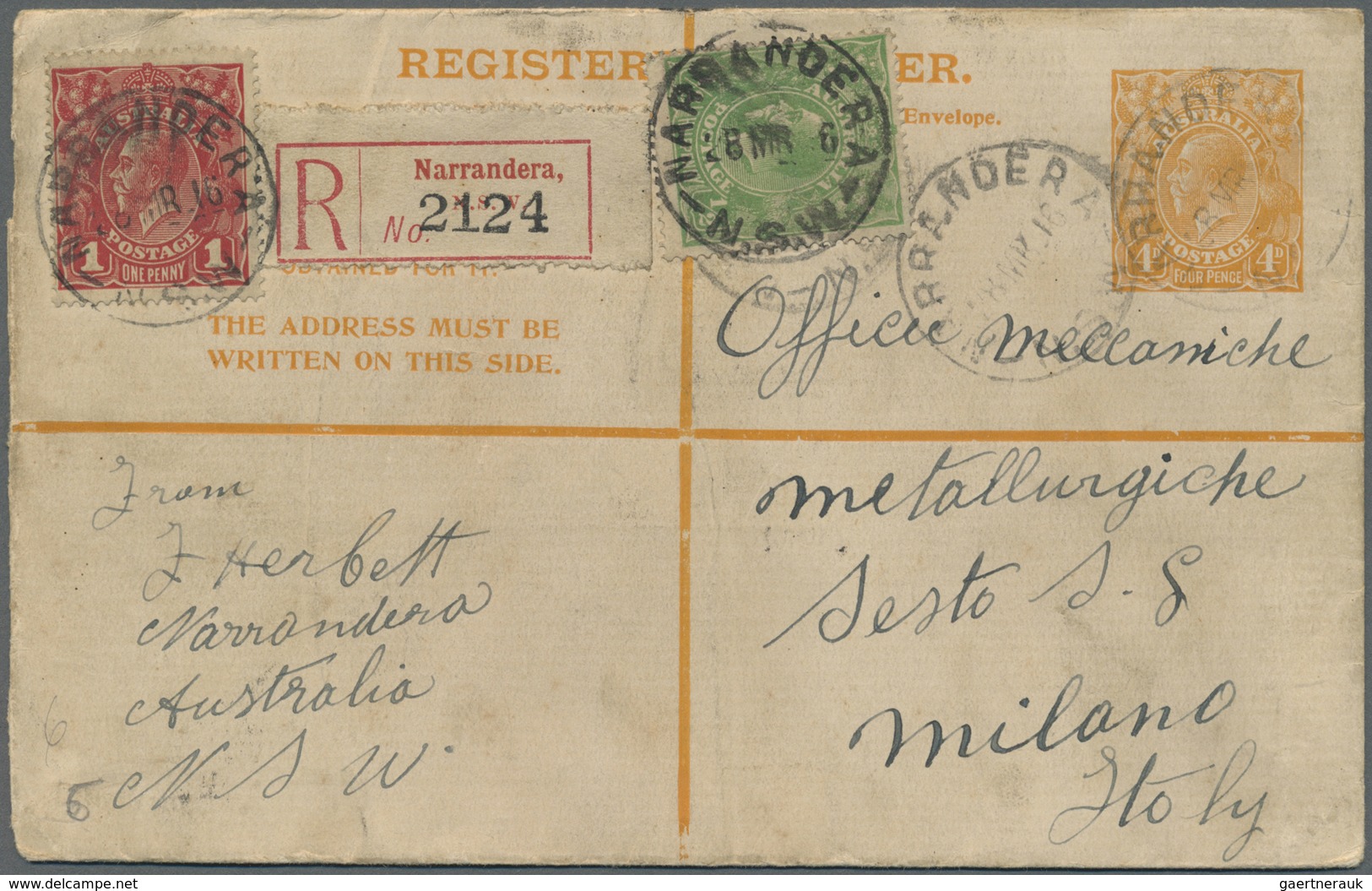 GA Australien - Ganzsachen: 1916 (28.3.), Registered Letter KGV 4d. Orange Uprated With KGV 1d. Red + ½ - Entiers Postaux