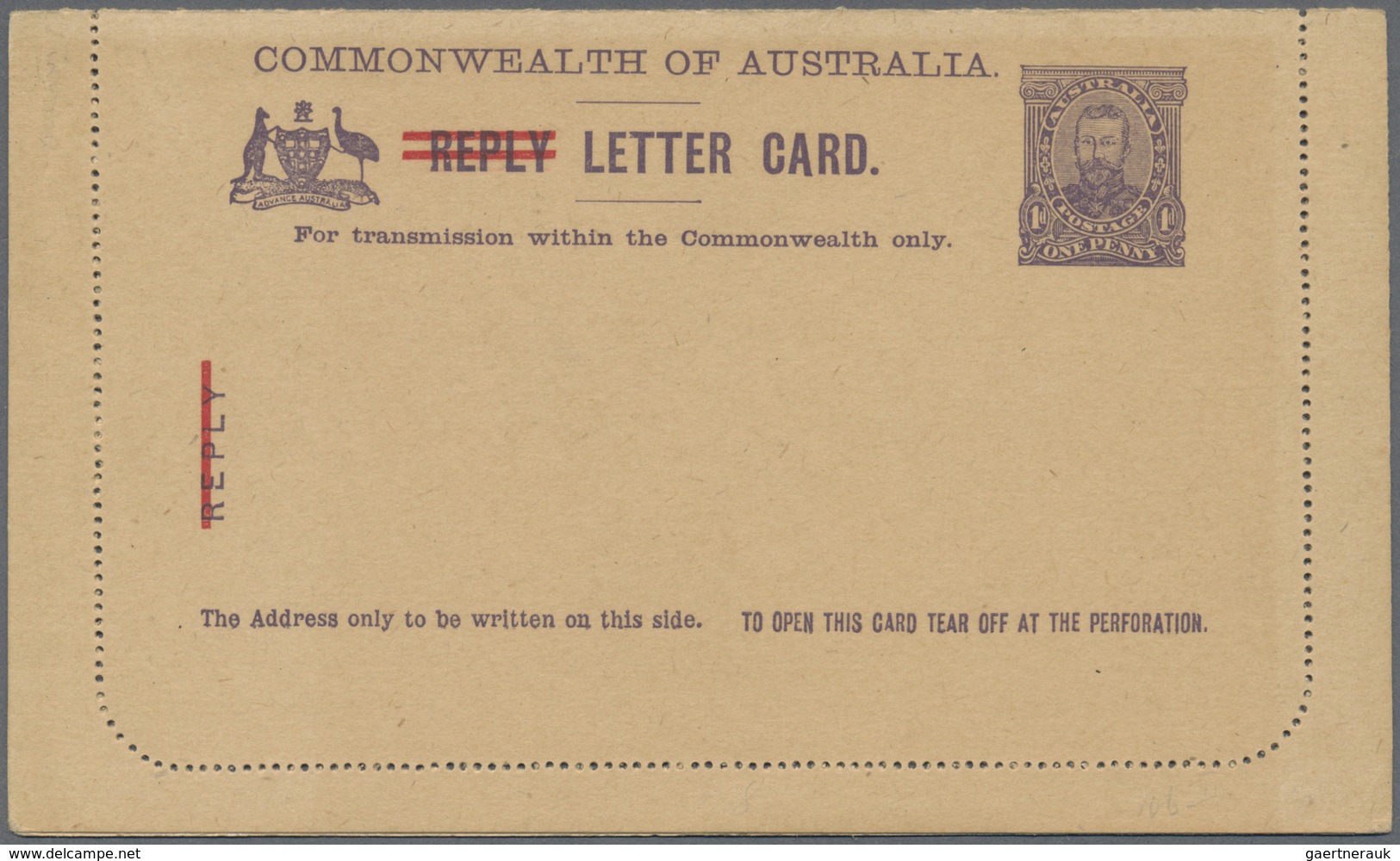 GA Australien - Ganzsachen: 1917, Reply-lettercard KGV 1d. Sideface Perforated Inner Half With 'REPLY' - Postwaardestukken