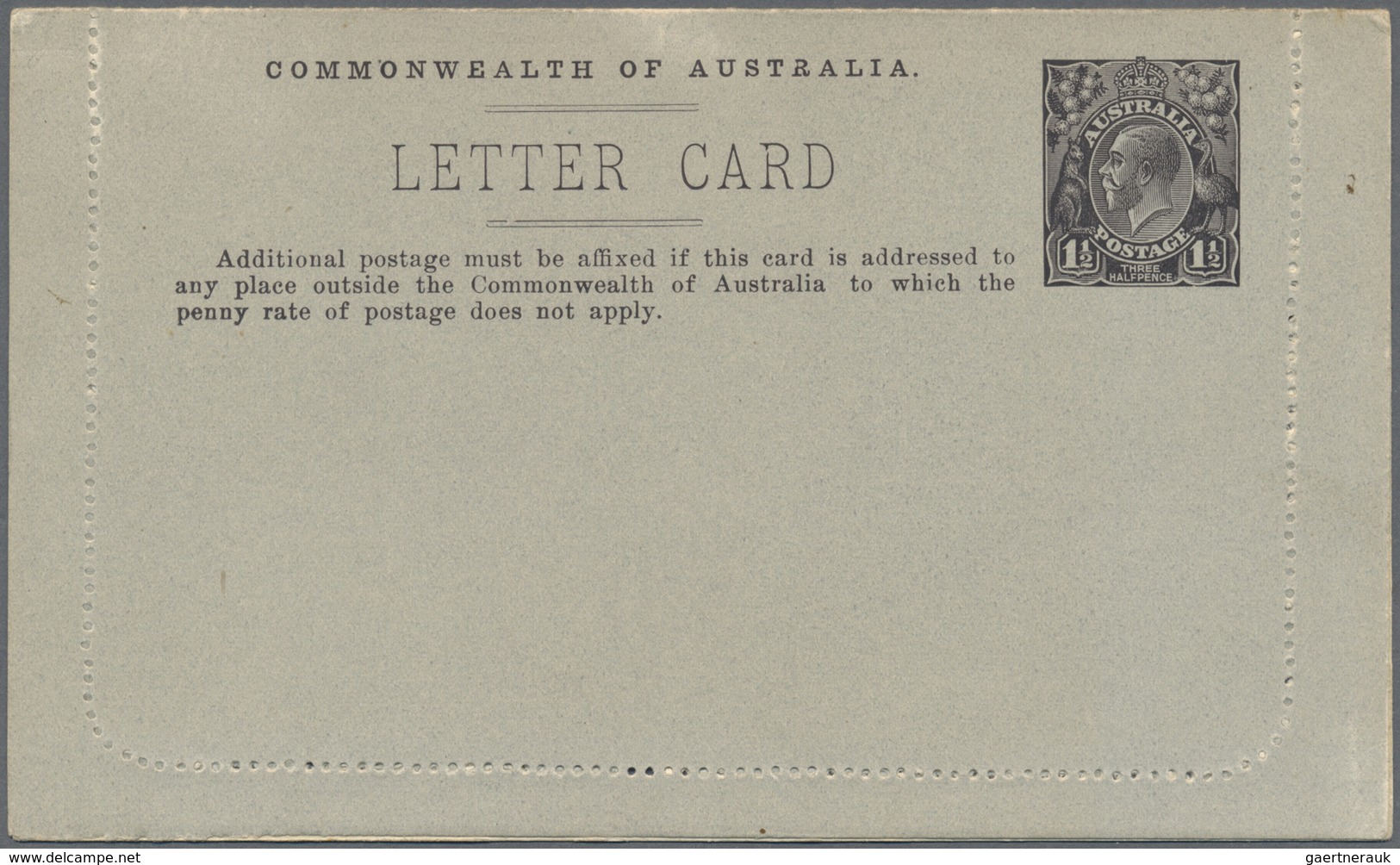 GA Australien - Ganzsachen: 1918, Lettercard KGV 1½d. Perf. 10 On Grey Stock (white Inside) With Pictur - Entiers Postaux