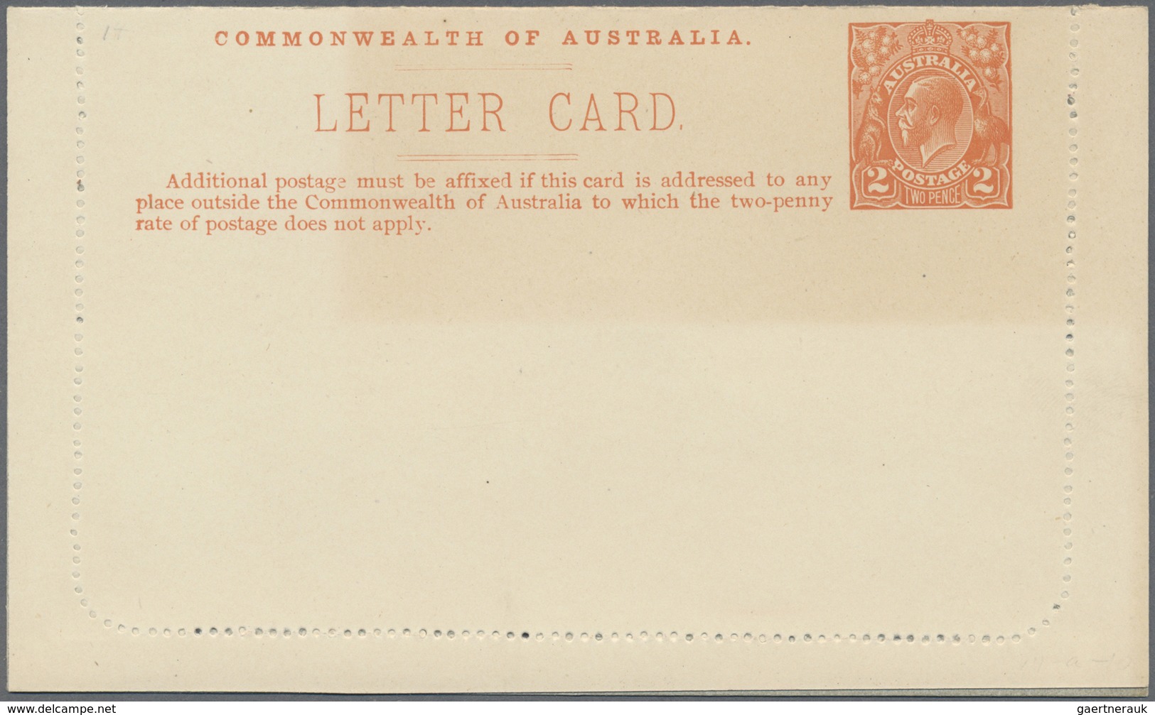 GA Australien - Ganzsachen: 1920, Lettercard KGV 2d. Orange Perf. 10 On White Stock (grey Inside) With - Entiers Postaux