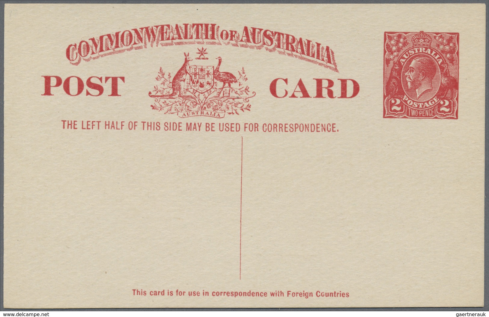 GA Australien - Ganzsachen: 1923, Postcard KGV 2d. Red For Foreign Use, Fine And Fresh Unused, Scarce P - Entiers Postaux