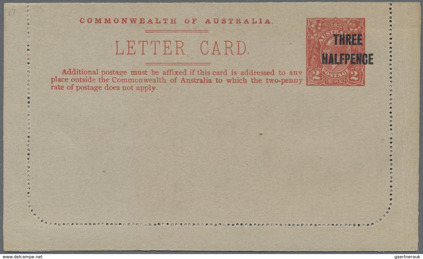 GA Australien - Ganzsachen: 1924, Lettercard KGV 2d. Red On Grey Stock With HEAVY MISPLACED Surch. 'THR - Postwaardestukken