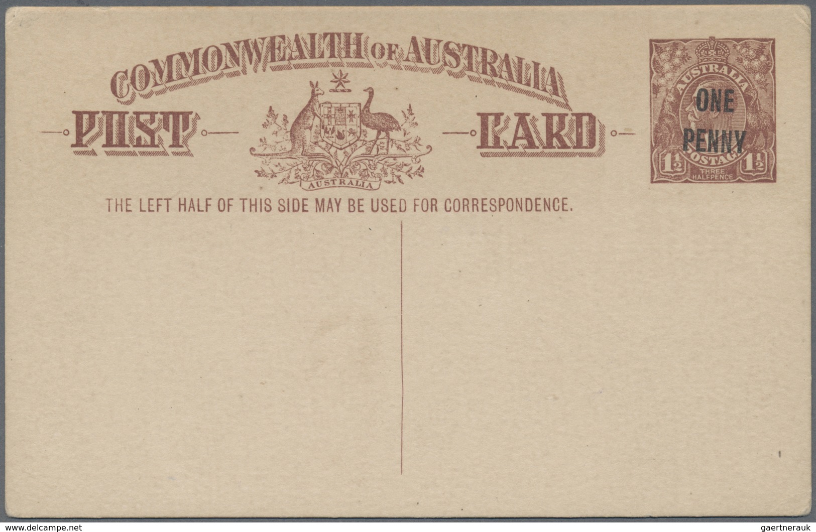 GA Australien - Ganzsachen: 1924, Postcard KGV 1½d. Red-brown With Deleted Footnote Surcharged 'ONE PEN - Postwaardestukken