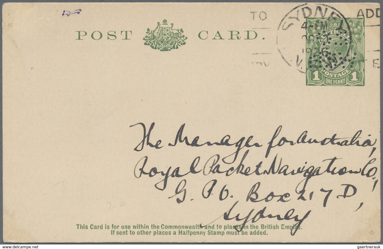 GA Australien - Ganzsachen: 1926 (30.10.), Postcard KGV 1d. Green Die 3 Perforated OS/NSW For 'Sydney H - Entiers Postaux