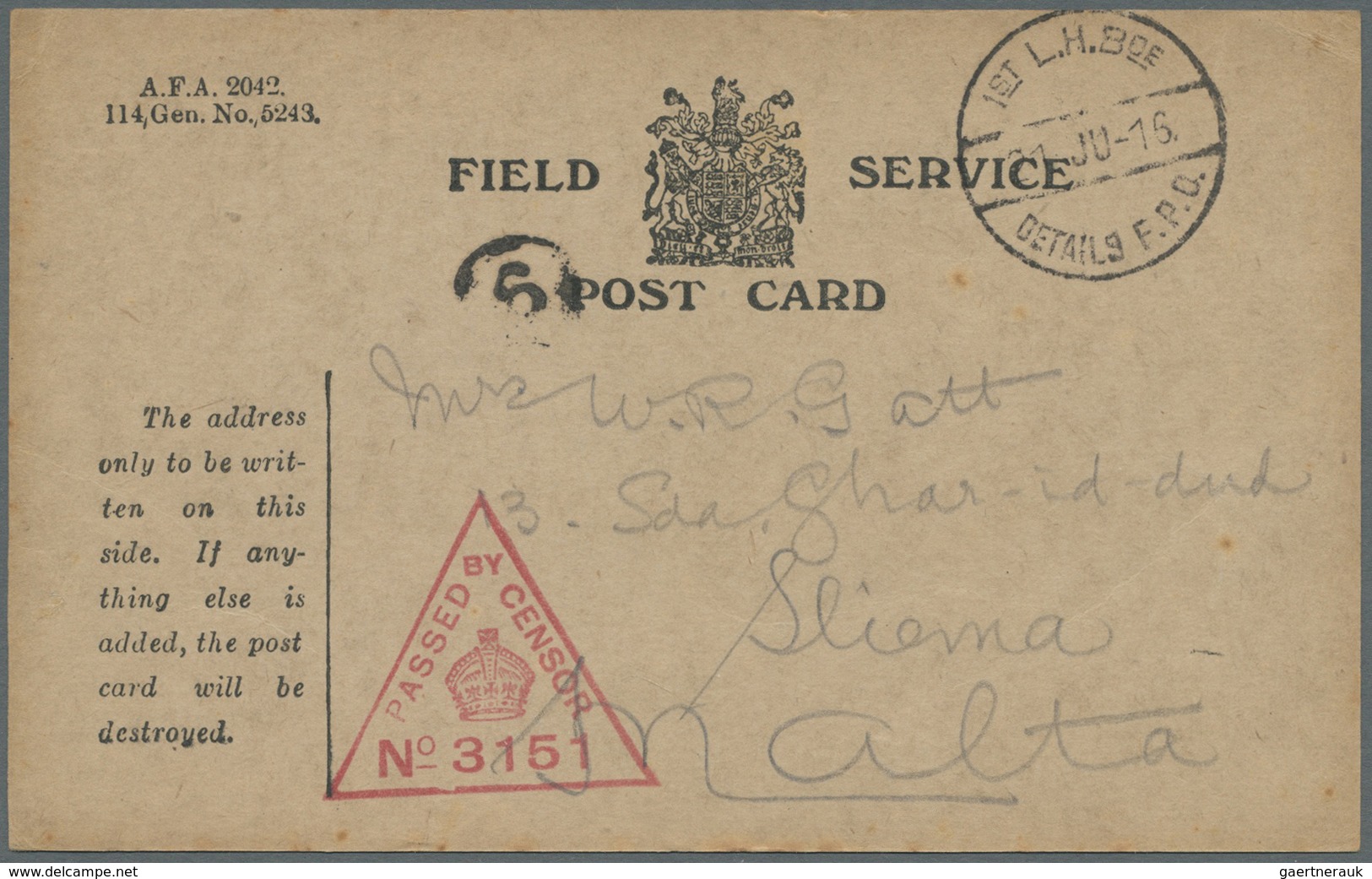Br Australien - Besonderheiten: 1916. Stampless 'Field Service/ Post Card' Addressed To Sliema, Malta' - Autres & Non Classés