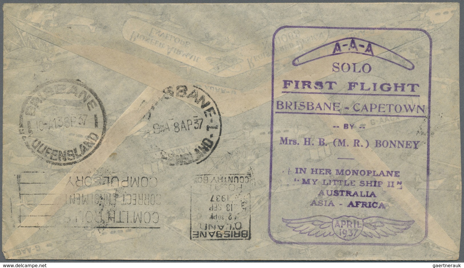 Br/ Australien - Besonderheiten: 1937, APR 8, First Solo Flight BRISBANE-CAPETOWN Dual-reign Franked Cov - Autres & Non Classés