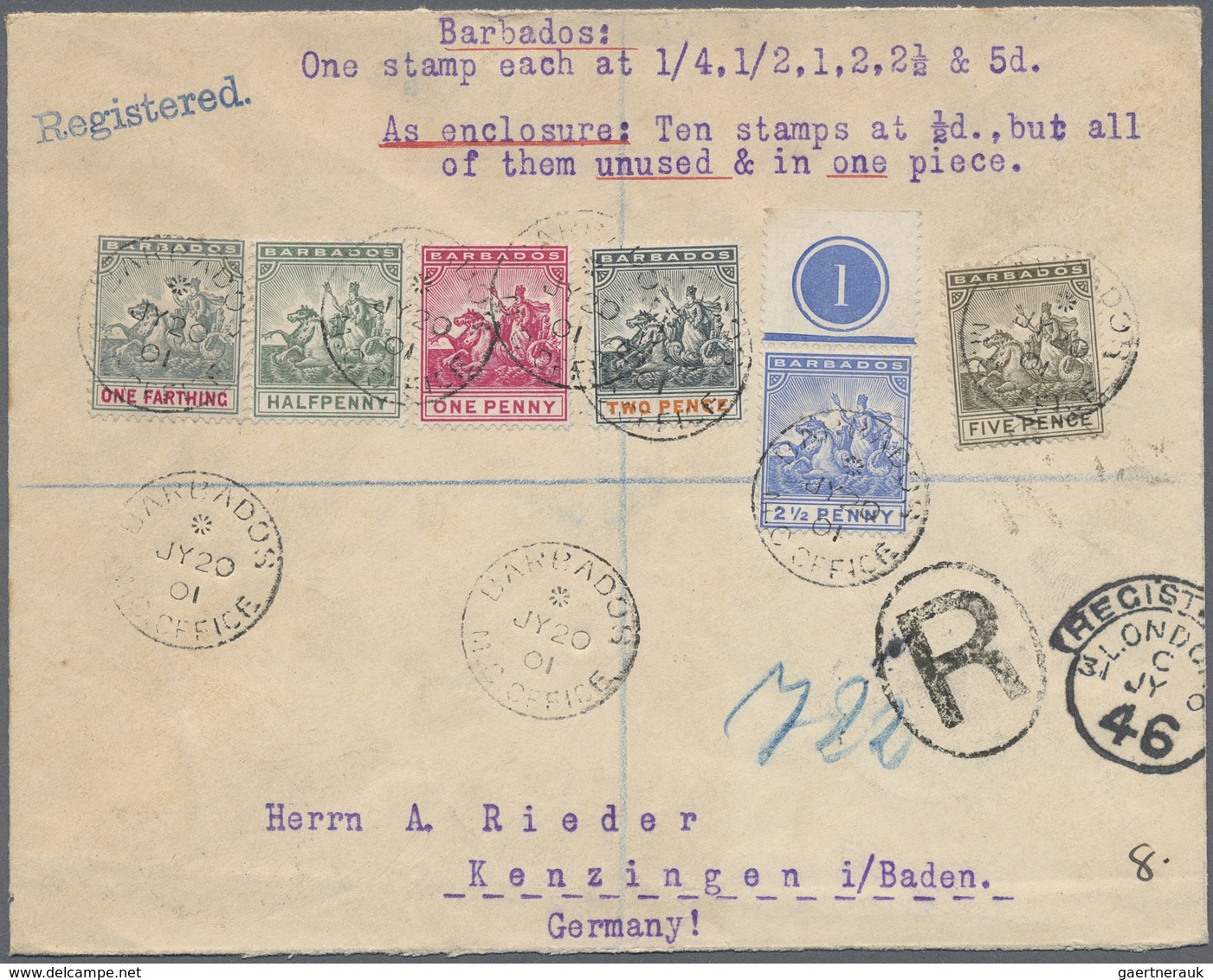 Br Barbados: 1901, Six Colour Franking By The Values Of One Farthing Up To Five Pence On Registered Cov - Barbados (1966-...)