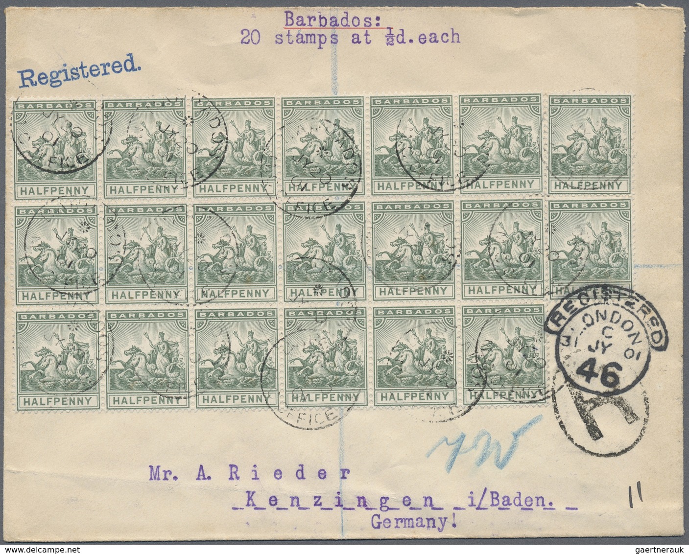 Br Barbados: 1901, Registered Letter With Great Franking By Block Of Twenty 1/2 D Definitives Via Londo - Barbados (1966-...)