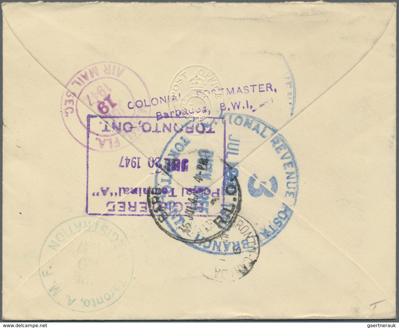 Br Barbados: 1920,1947, Two Attractiv Registered Letters, One To British Guiana And One To Canada. - Barbades (1966-...)