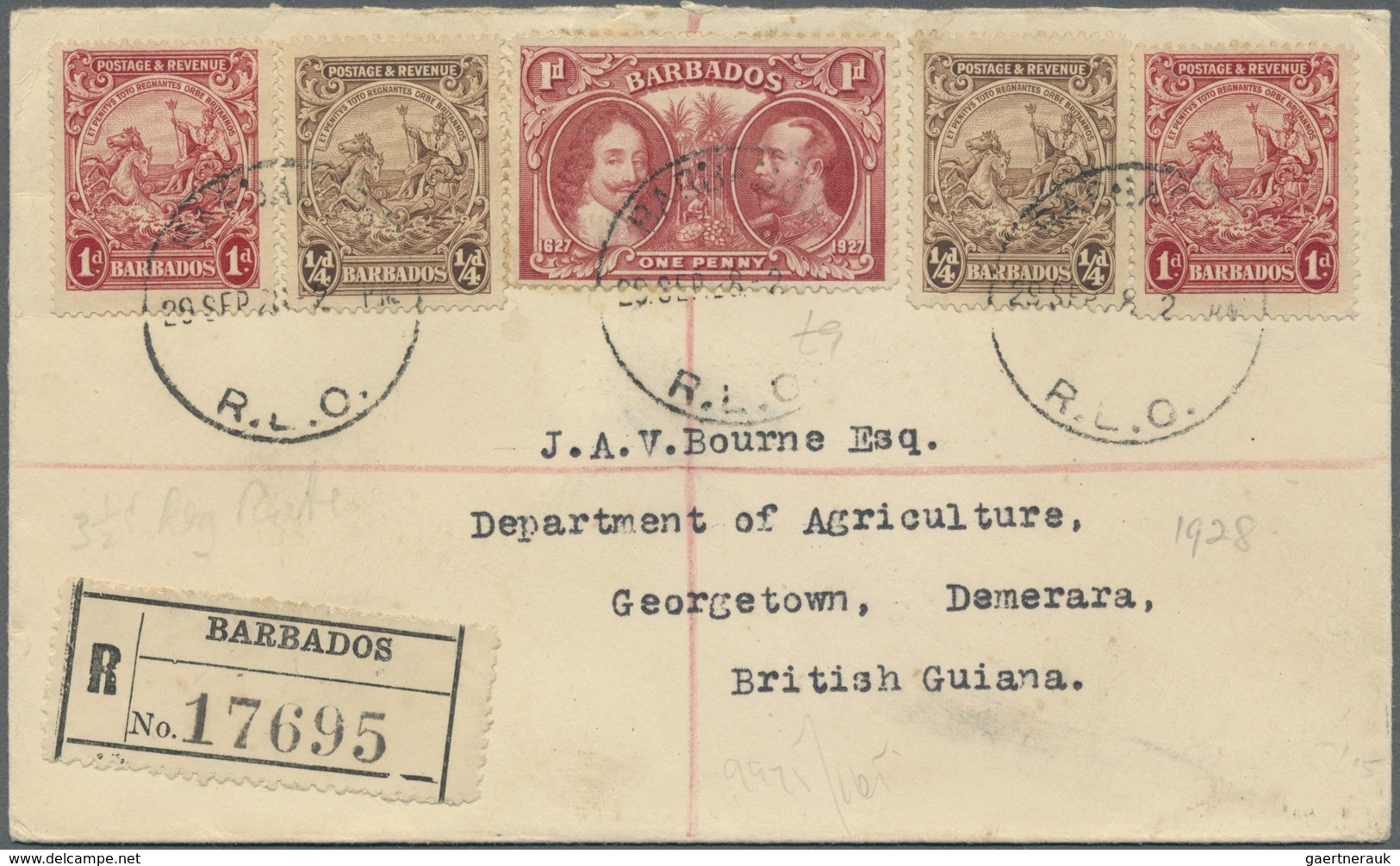 Br Barbados: 1920,1947, Two Attractiv Registered Letters, One To British Guiana And One To Canada. - Barbades (1966-...)