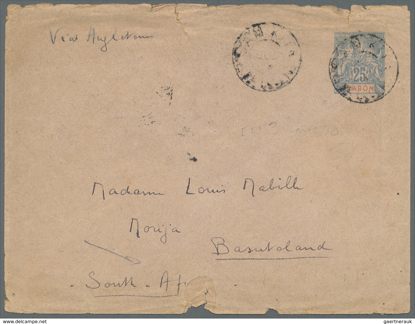 GA Basutoland: 1910. French Colonies Gabon Postal Stationery Envelope (opening Faults, Tears At Bottom) - 1933-1964 Kolonie Van De Kroon