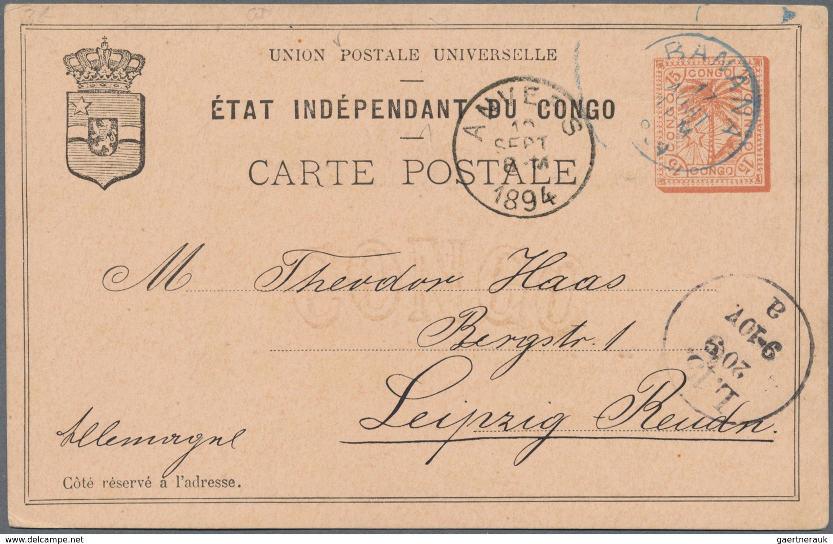 GA Belgisch-Kongo - Kongo-Staat: 1888, 15 C Red On Salmon Postal Stationery Card, Sent From BANANA, 17. - Autres & Non Classés