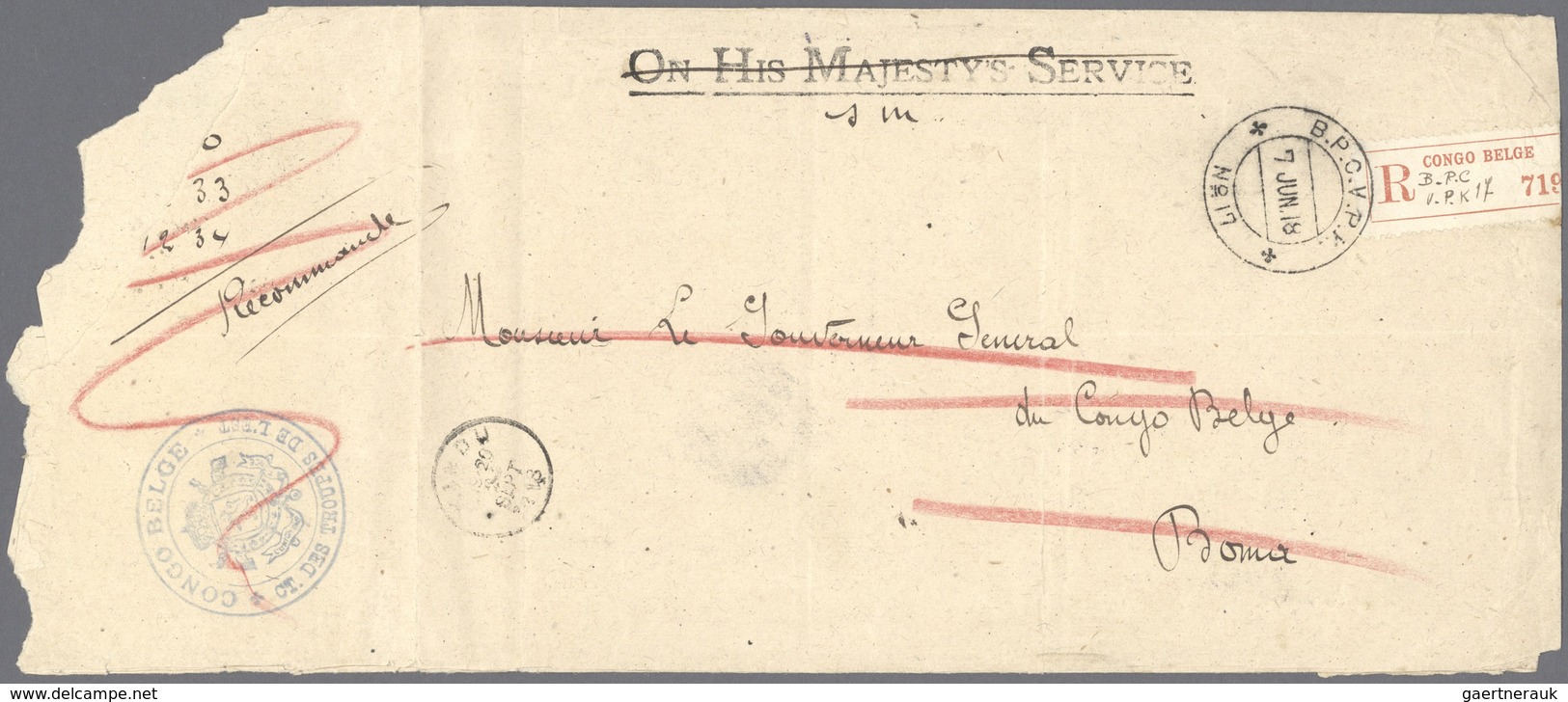 Br Belgisch-Kongo: 1918, Large Registered Fieldpost Cover With Fieldpost Cancel "B.P.C.V.P.K. No.17 7.J - Autres & Non Classés