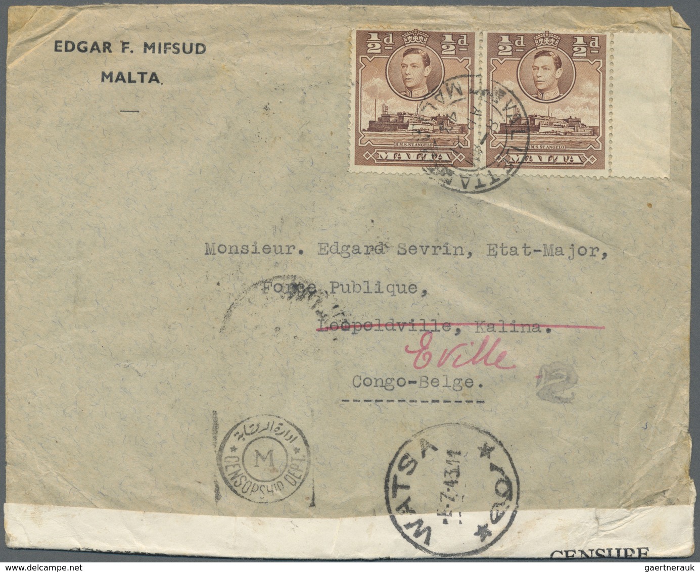 Br Belgisch-Kongo: 1943. Envelope (creased) Addressed To Leopoldville, Belgian Congo Bearing Malta SG 2 - Autres & Non Classés