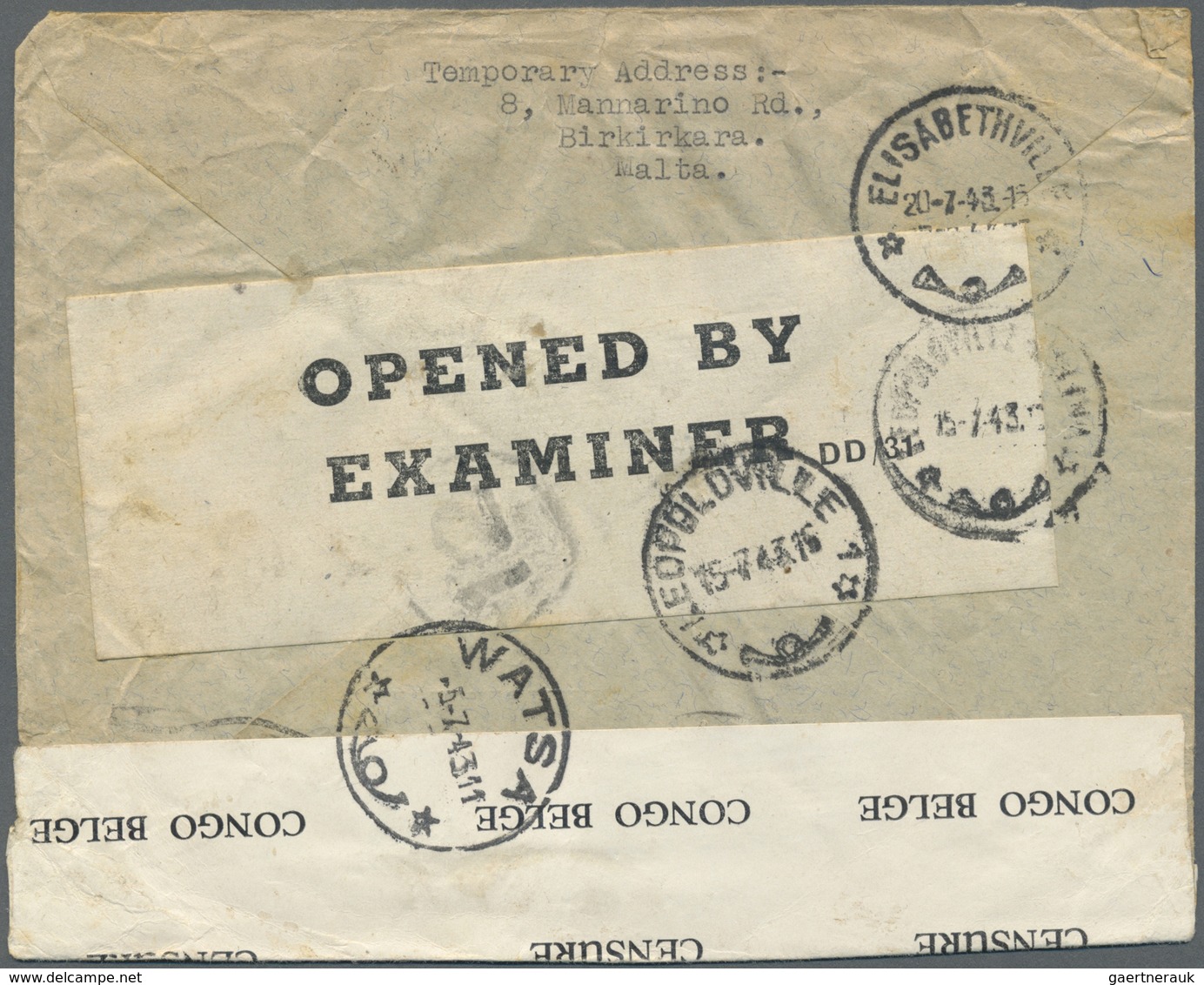 Br Belgisch-Kongo: 1943. Envelope (creased) Addressed To Leopoldville, Belgian Congo Bearing Malta SG 2 - Autres & Non Classés