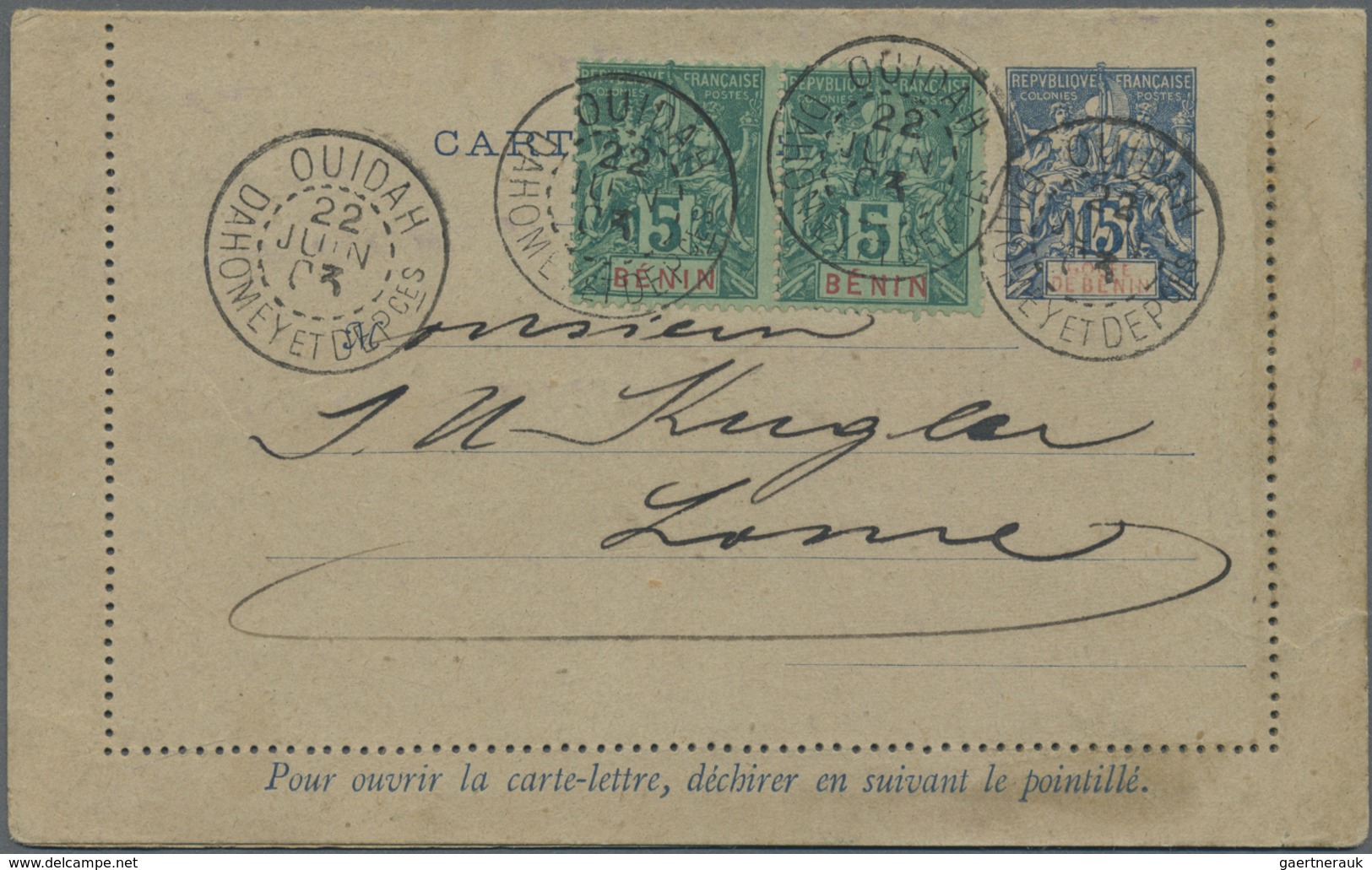 GA Benin: 1903, Card Letter 15 C. Allegory With Imprint "GOLFE DE BENIN" Together With Horizontal Pair - Bénin – Dahomey (1960-...)