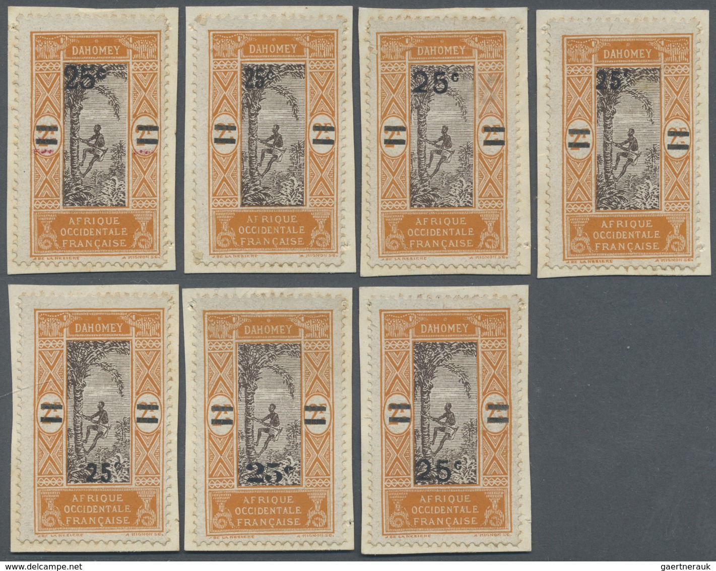 Brfst Benin: 1922, 25 C. On 2 F. Orange/brown With 25 C. Overprint, Seven Different Value Overprint Types - Bénin – Dahomey (1960-...)