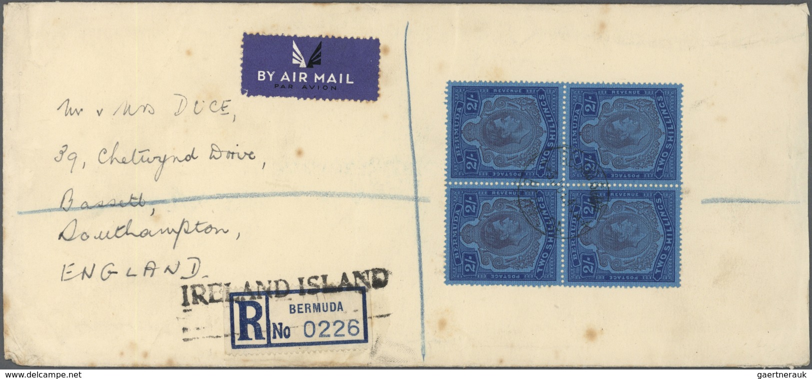 Bermuda-Inseln: 1938, KG VI 2 Sh. Deep-blue/light-blue/purple In Block Of Four On Registered Airmail - Bermuda