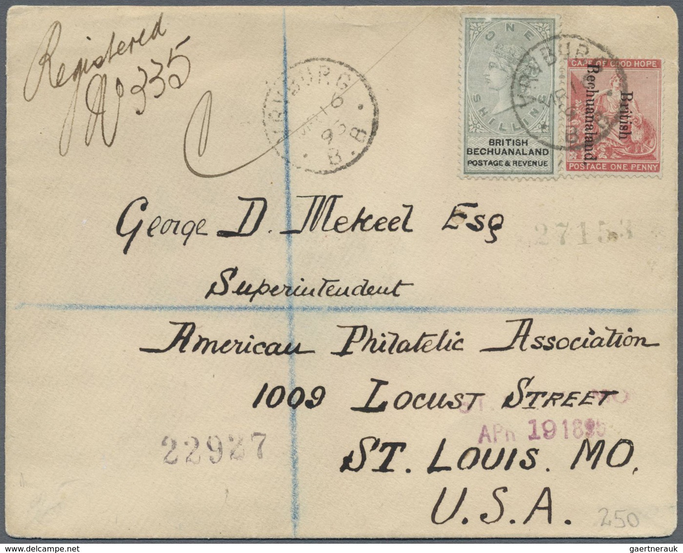 Br Betschuanaland: 1885, 1 Sh Green And 1 P Red On Registered Cover Cancelled Circle "VRV BURG" To St. - 1885-1964 Protectorat Du Bechuanaland