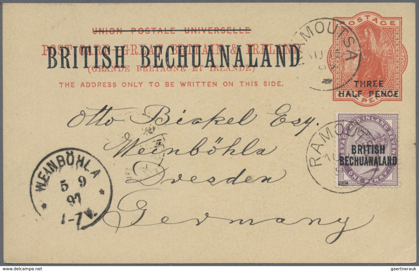 GA Betschuanaland: 1893, "BRITISH BETCHUANALAND" Stationery Card "THREE HALF PENCE" On 1 D Red Uprated - 1885-1964 Protectorat Du Bechuanaland