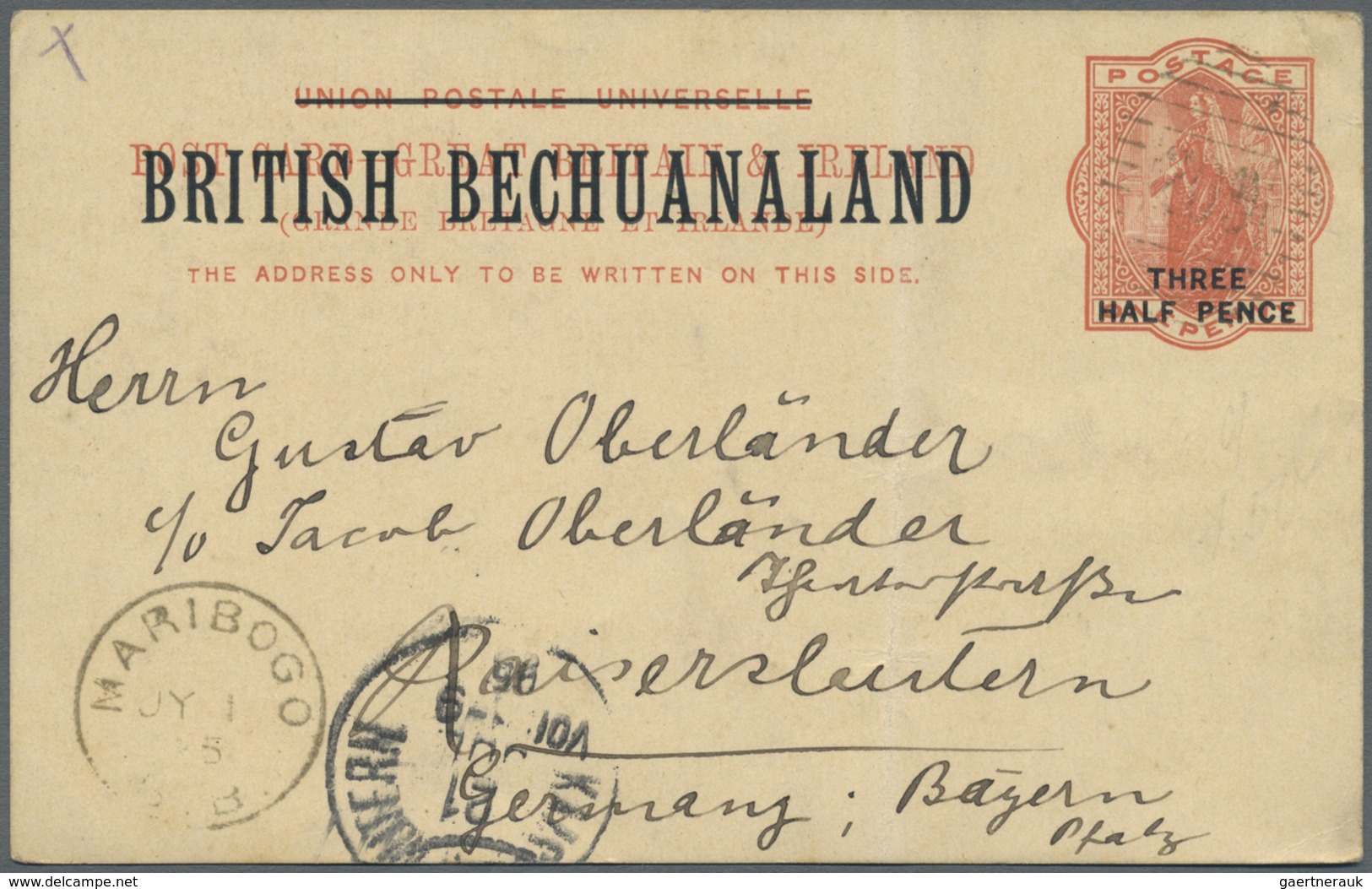 GA Betschuanaland: 1893 Postal Stationery Card "THREE/HALF PENCE" On 1d. Used From Maribogo To Kaisersl - 1885-1964 Protectorat Du Bechuanaland
