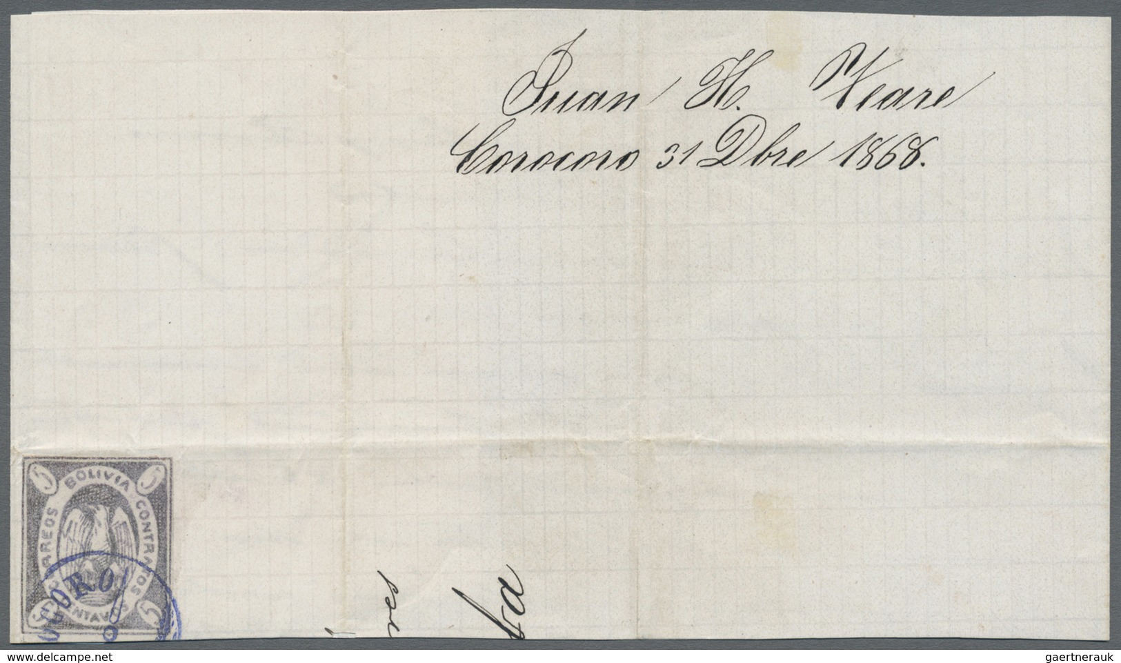 Br/Brfst Bolivien: 1868 'Condor' 5c. Violet On Part (half) Cover From Corocoro To Cochambamba, Dated 31. Dec. - Bolivie