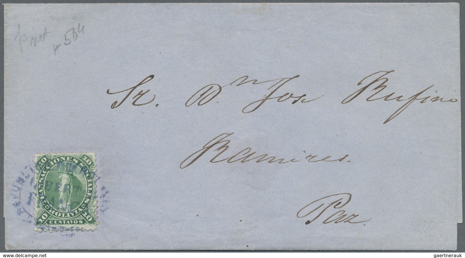 Br Bolivien: 1870, 10 C. Green Tied Blue Oval "LIBERTAD FRANCO" To Folded Envelope To La Paz, A Scarce - Bolivie