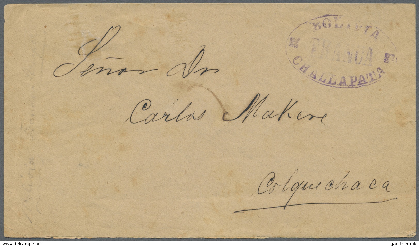 Br Bolivien: 1870 (ca.), Stampless Cover With Violet Oval Hs. 'BOLIVIA / FRANCA / CHALLAPATA' Addressed - Bolivie