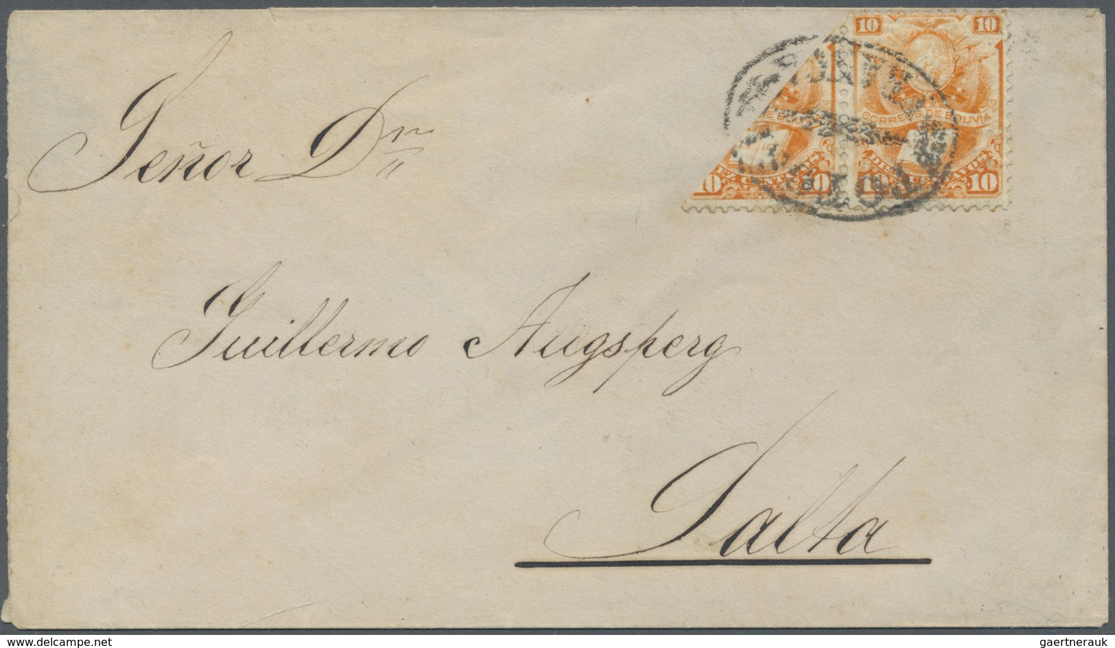 Br Bolivien: 1886, 10 C Orange Pair With Left Stamp Bisected And Right Stamp Complete On Cover From Pot - Bolivie