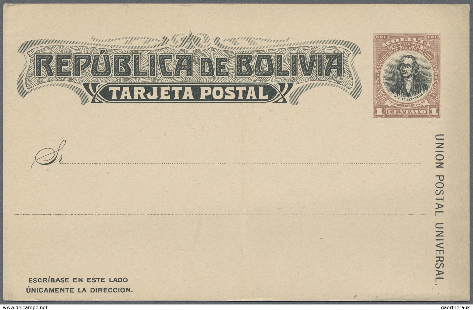 GA Bolivien: 1909, 1 Ct Brown/black M.Betanzos, Unlisted Essay Of Postal Stationery Card (similar To Bo - Bolivië