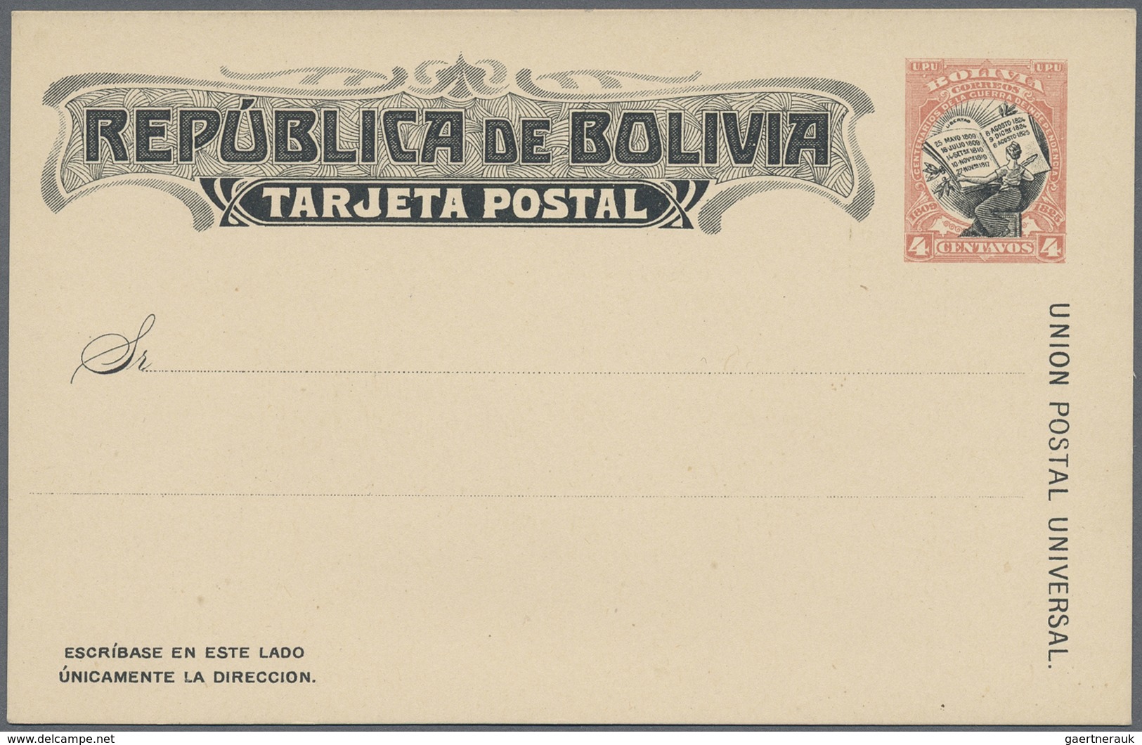 GA Bolivien: 1909, 4 Ct Rose/black Independence War, Unlisted Essay Of Postal Stationery Card. VF Mint - Bolivië