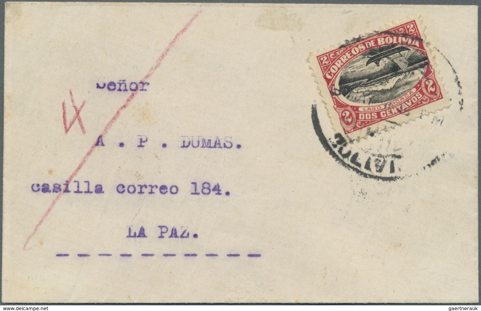 Br Bolivien: 1918: 2 C Carmine/black "Titicaca", With Inverted Center Piece On Domestic Letter To La Pa - Bolivie