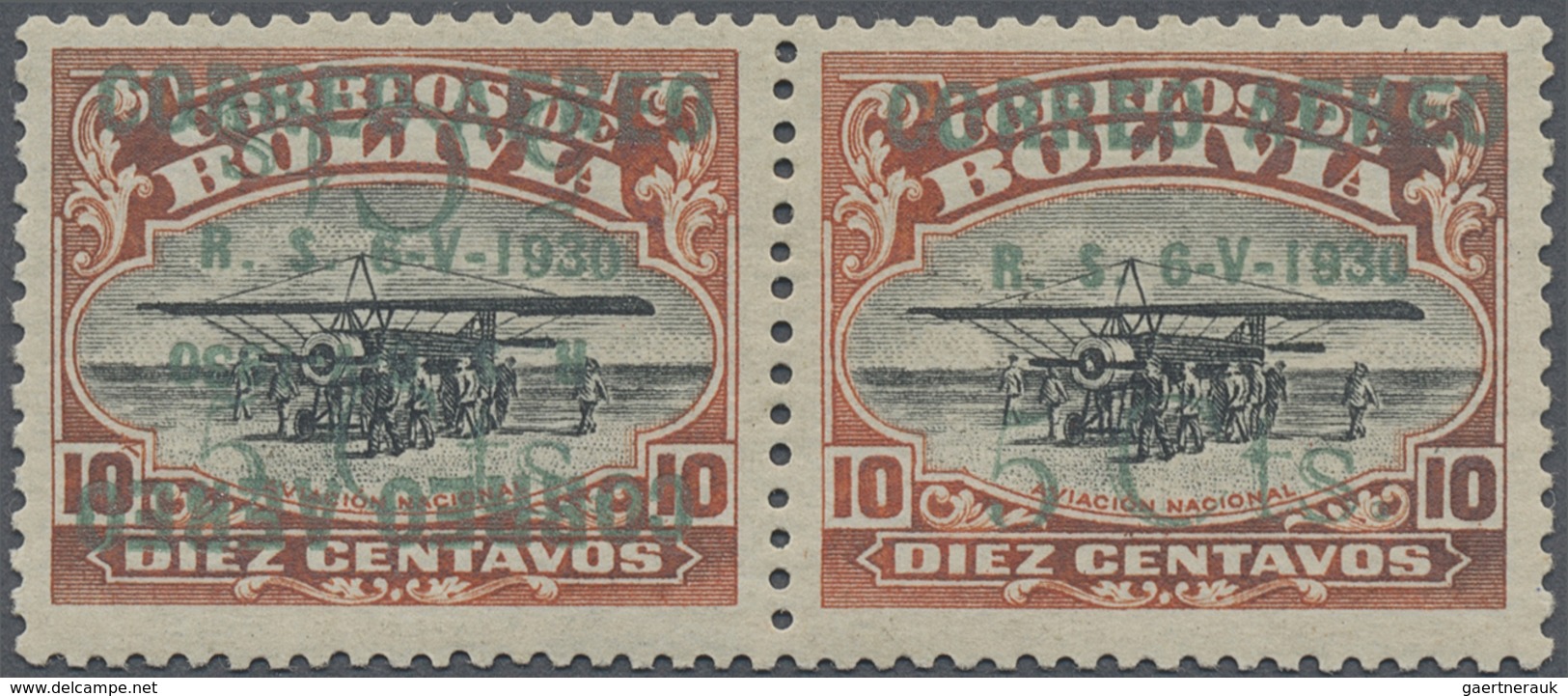 * Bolivien: 1930, Zeppelin 5 C. On 10 C., Horizontal Pair, Left Stamp With Double Overprint (one Inver - Bolivië