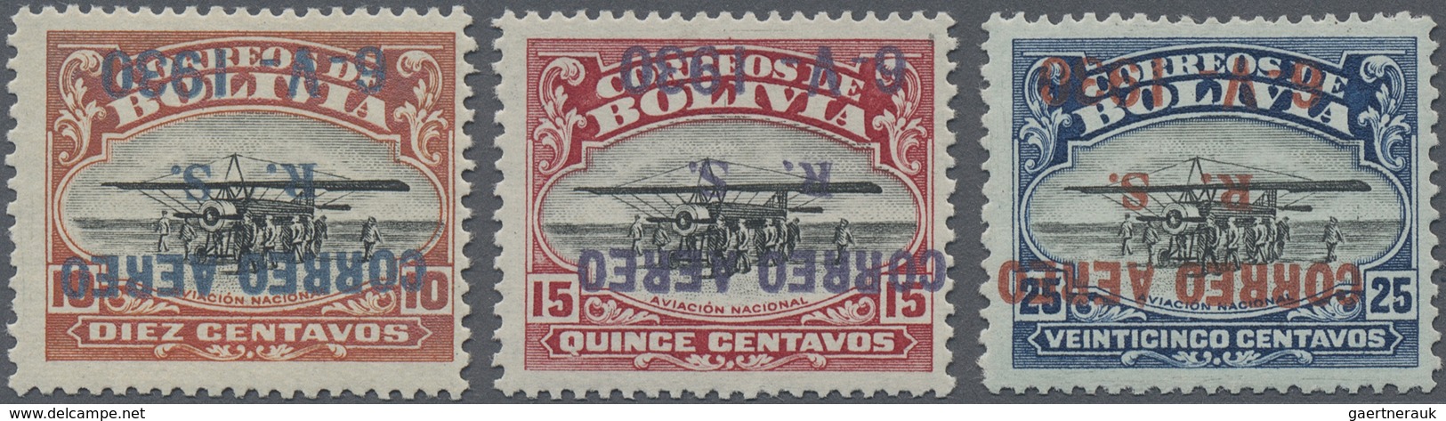 * Bolivien: 1930, Zeppelin 10 C., 15 C. And 25 C. With Inverted Overprint, Unused, Fine, Signed - Bolivie