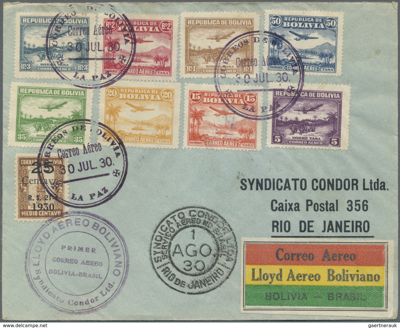 Br Bolivien: 1930, Erstflug La Paz - Rio De Janeiro Mit Luftpost-Satz, Mit Bestätigungsstempeln Und Tra - Bolivie