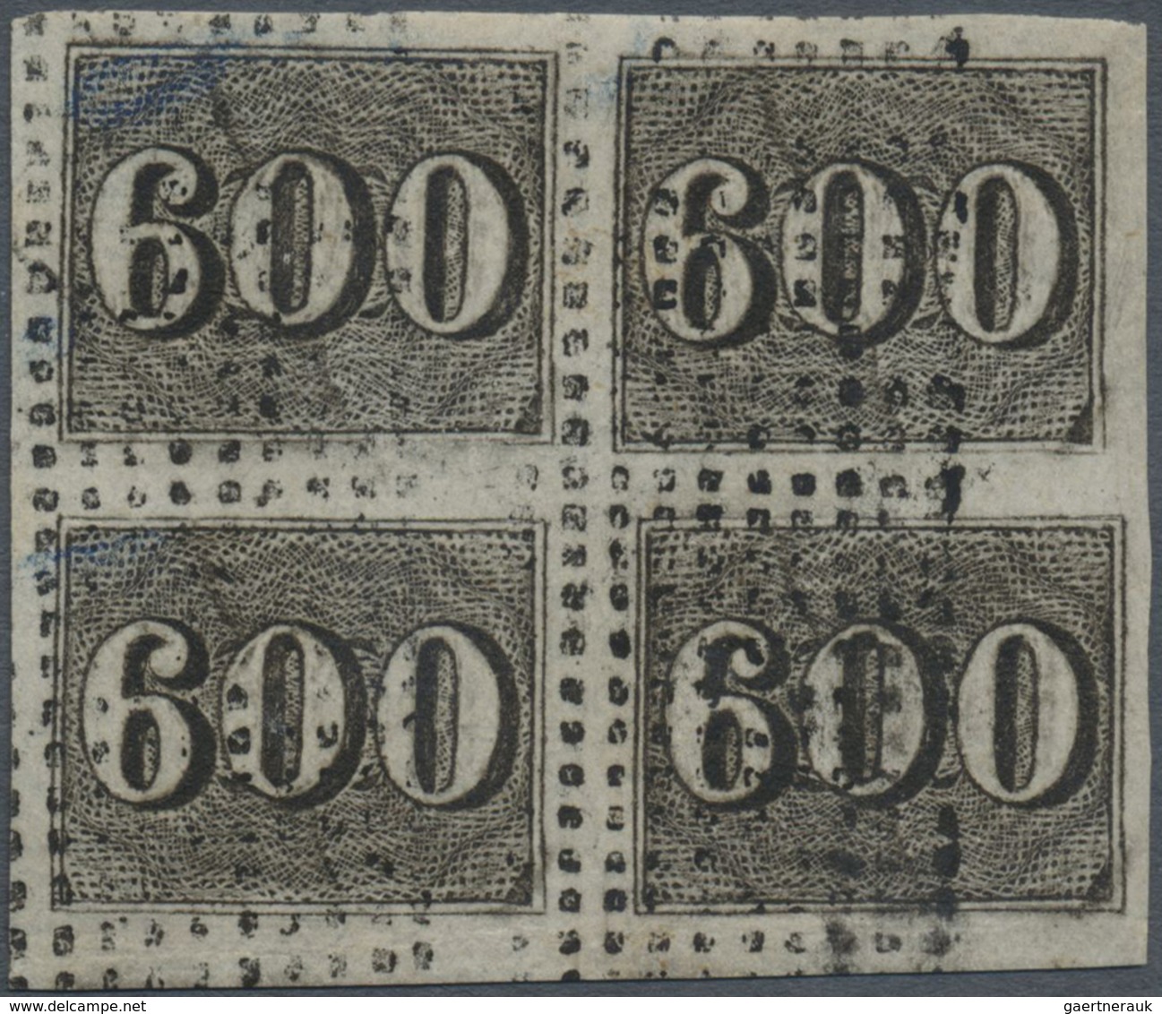 O Brasilien: 1850, Verticais, 600r. Black, Block Of Four, Fresh Colour And Full Margins, Neatly Cancel - Andere & Zonder Classificatie