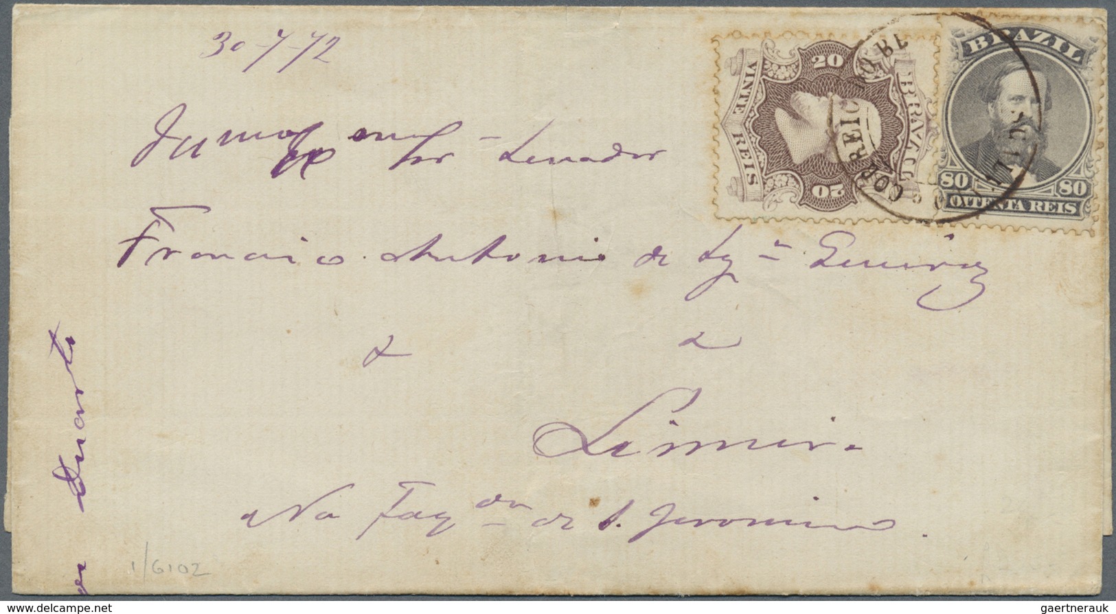 Br Brasilien: 1866, 20 R Deep Violet-brown And 80 R Violet, Both Perf. 12 (minimal Stains) On Envelope - Other & Unclassified