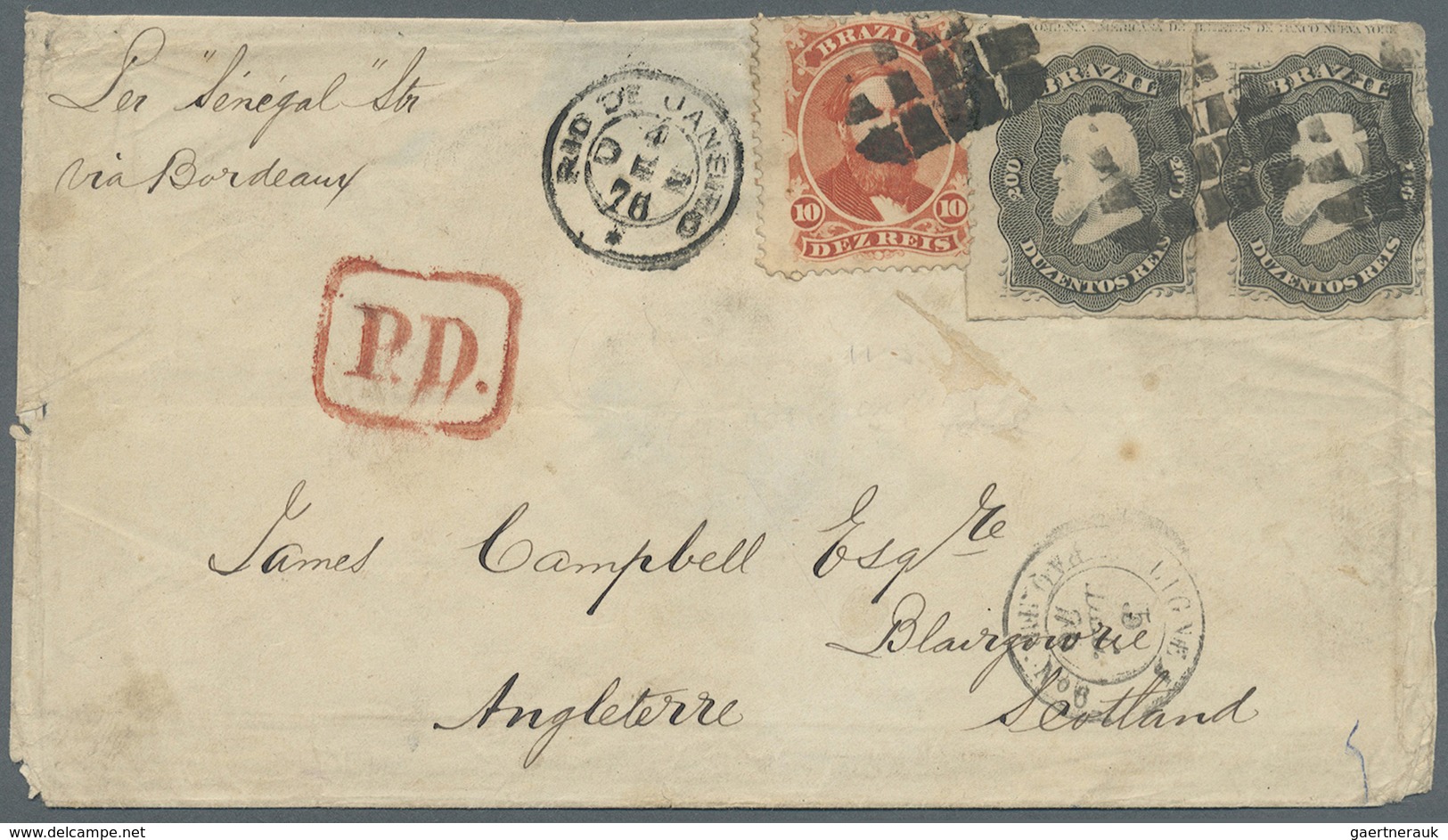 Br Brasilien: 1876. Envelope Addressed To Scotland Bearing 'Dom Pedro' Yvert 23, 10c Red/orange And Yve - Andere & Zonder Classificatie