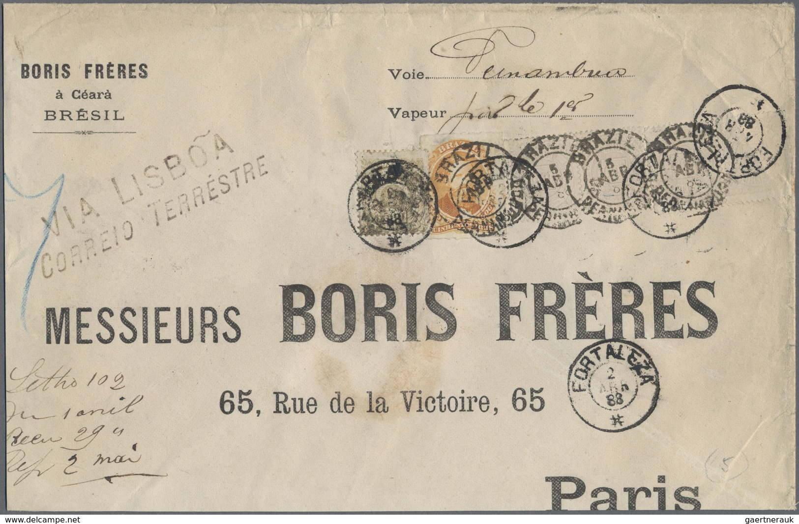 Br Brasilien: 1888, Business Letter From FORTALEZA, Permambuco, "VIA LISBOA CORREIO TERRESTRE" To Paris - Andere & Zonder Classificatie