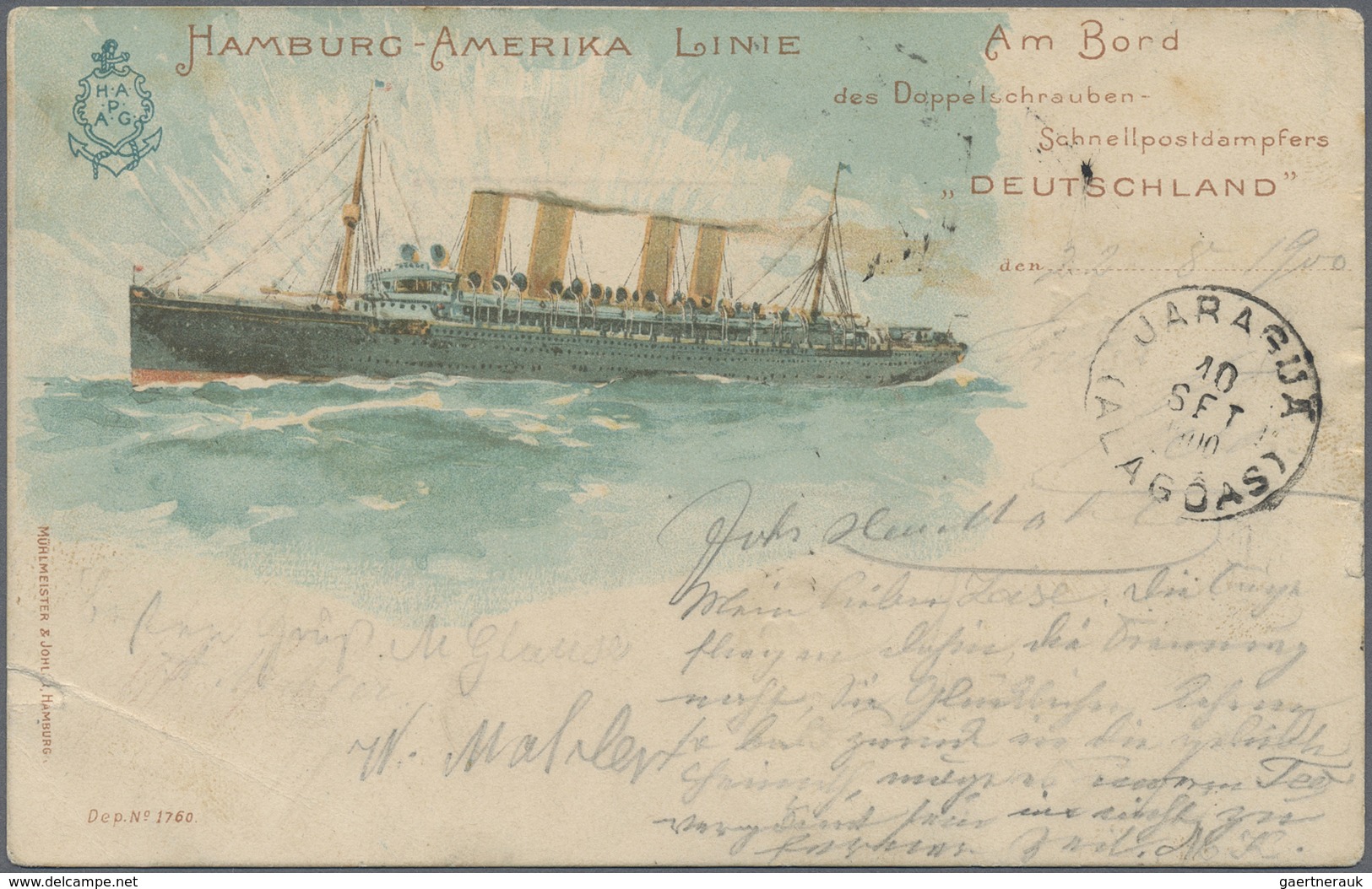 Br Brasilien: 1900, Picture Card Showing DAMPFER DEUTSCHLAND" Sent Without Stamps To Brasil Showing Fra - Autres & Non Classés