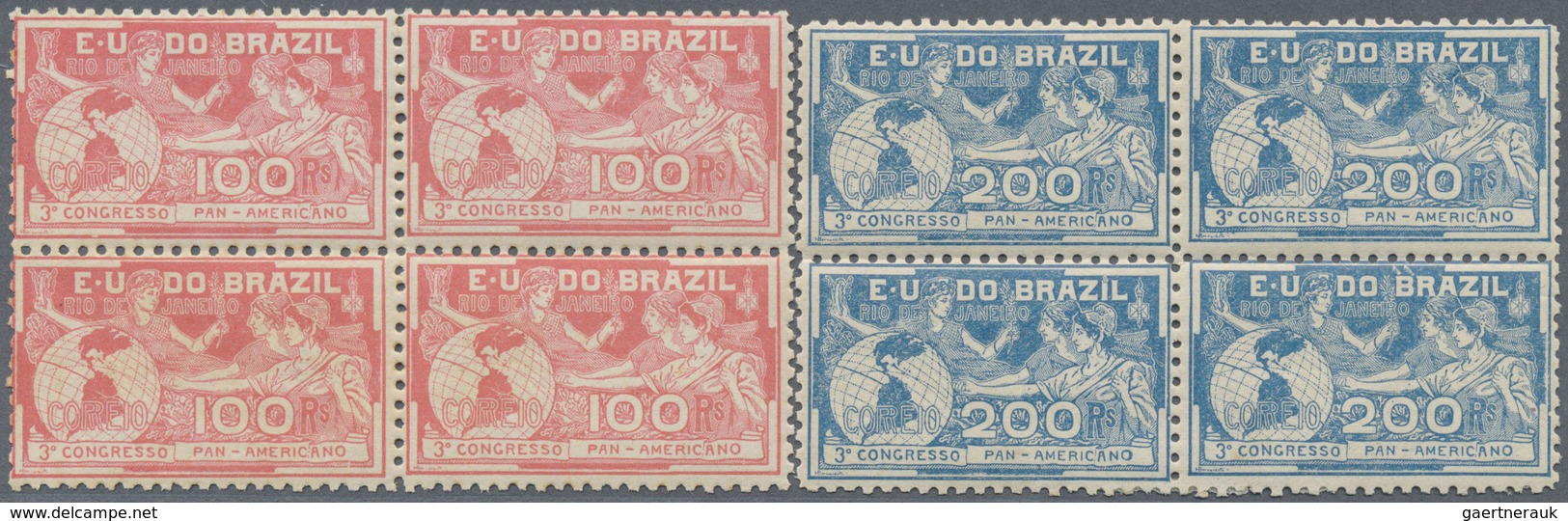 **/* Brasilien: 1906, Pan-American Congress, 100r. And 200r., Blocks Of Four, Fresh Colours, Well Perfora - Autres & Non Classés