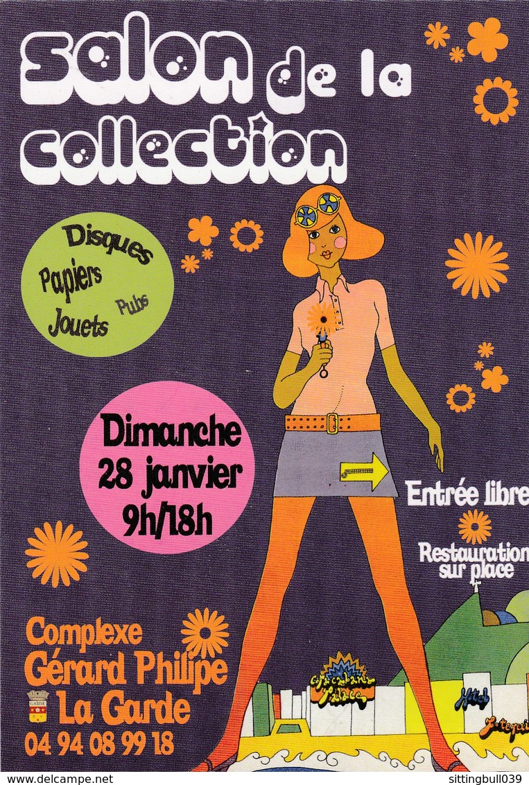 Carte Postale, Très Années Sixties, Pour Le 14° Salon De La Collection à LA GARDE Dans Le 83. 2018. (fond Violet) - Bourses & Salons De Collections