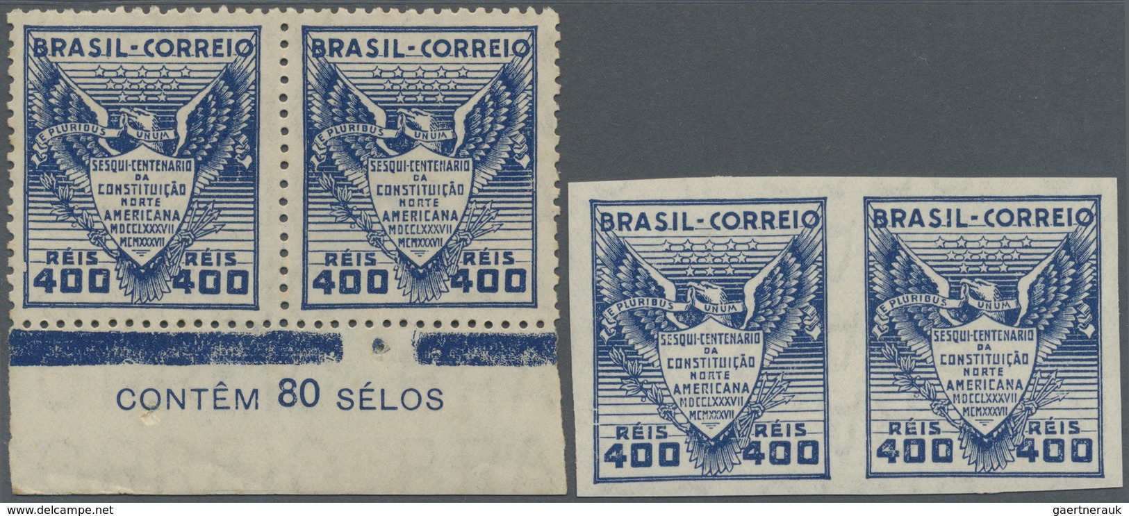 ** Brasilien: 1937, 150th Anniversary Of US Constitution, 400 R. Blue, Imperforated Pair, Unmounted Min - Autres & Non Classés