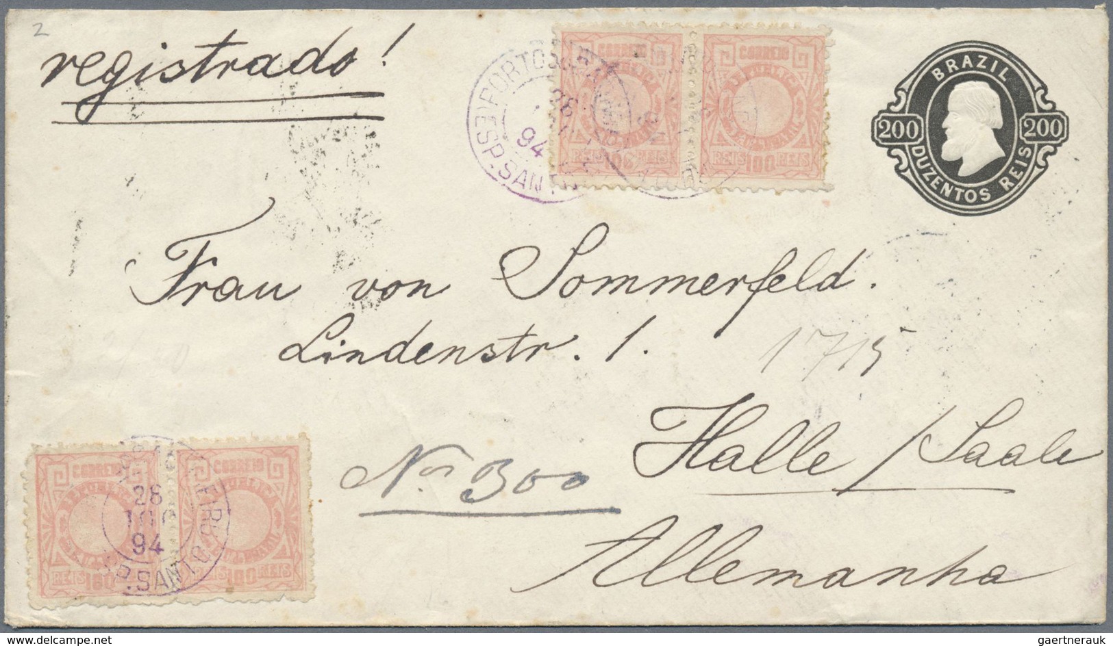 GA Brasilien - Ganzsachen: 1867, Stationery Envelope 200 R Black With Watermark, Uprated 4x 100 R Red, - Postwaardestukken